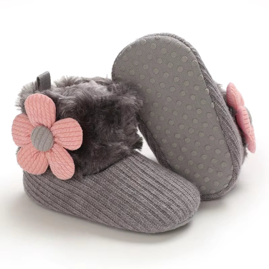 Baby Girl Flower Booties |  Non-Slip Soft Sole Shoes | Grey
