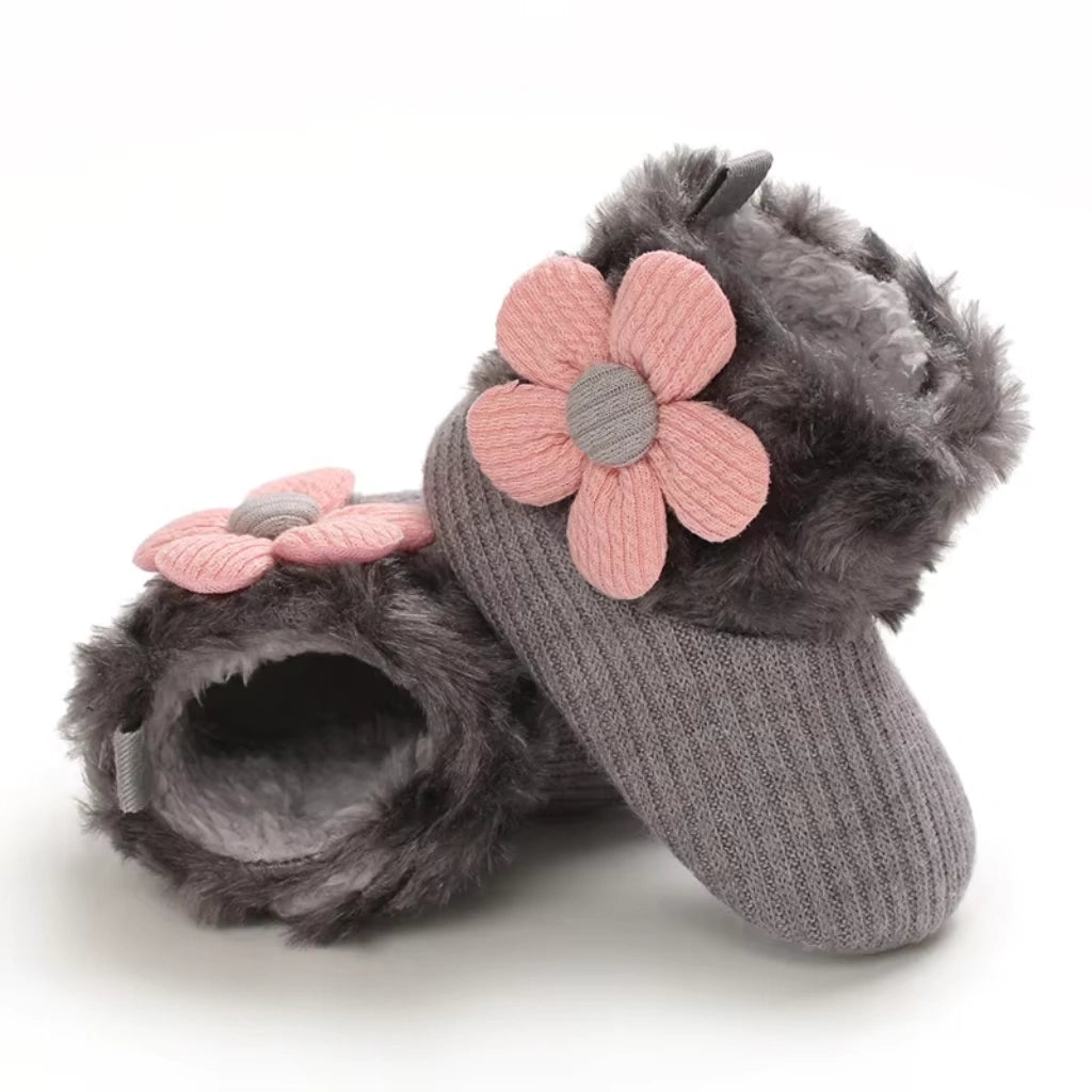 Baby Girl Flower Booties |  Non-Slip Soft Sole Shoes | Grey