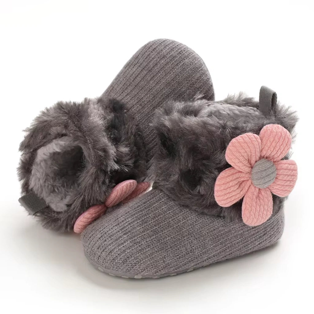 Baby Girl Flower Booties |  Non-Slip Soft Sole Shoes | Grey