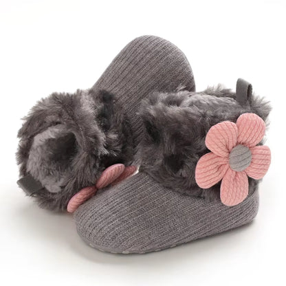 Baby Girl Flower Booties |  Non-Slip Soft Sole Shoes | Grey