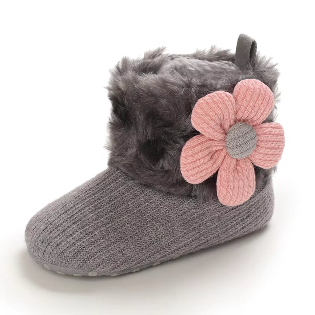 Baby Girl Flower Booties |  Non-Slip Soft Sole Shoes | Grey