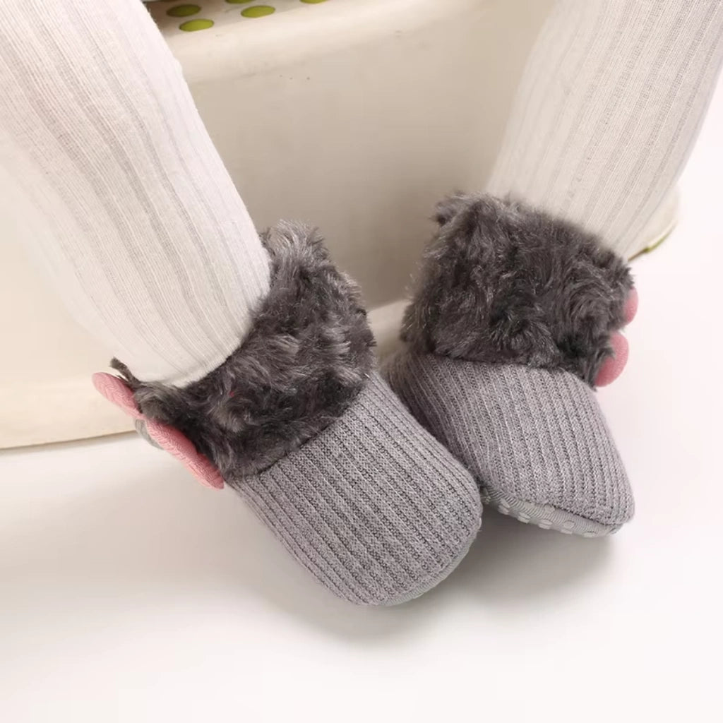 Baby Girl Flower Booties |  Non-Slip Soft Sole Shoes | Grey