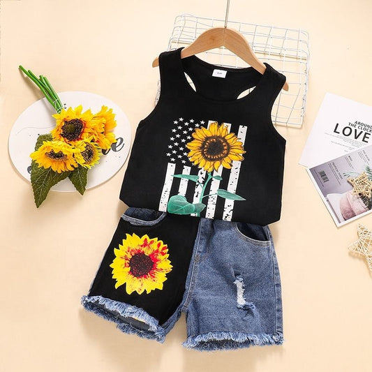 Sunflower Print Camisole + Denim Shorts: Girl's Summer Set PAT PAT