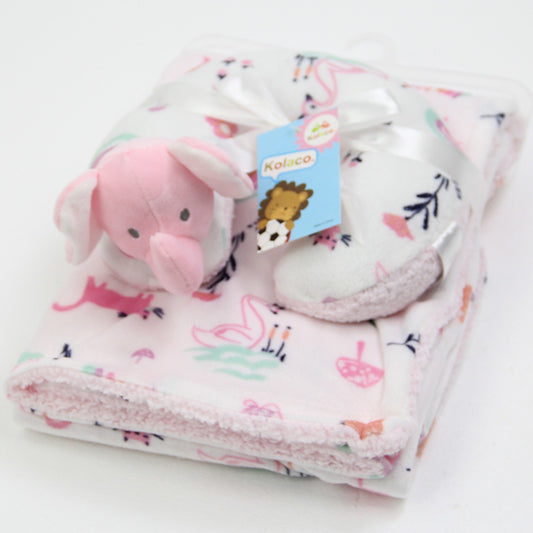 Introducing a Cozy Polyester Fleece Neck Pillow and Plush Velvet Baby Blanket set from Alaya Junior. This set features a soft, pastel rabbit design, tied with a white satin ribbon. Included is an additional small matching blanket and an adorable pink plush elephant toy. Perfect for newborns, it comes with a tag displaying a delightful cartoon lion and proudly showcases the Alaya Junior brand name.