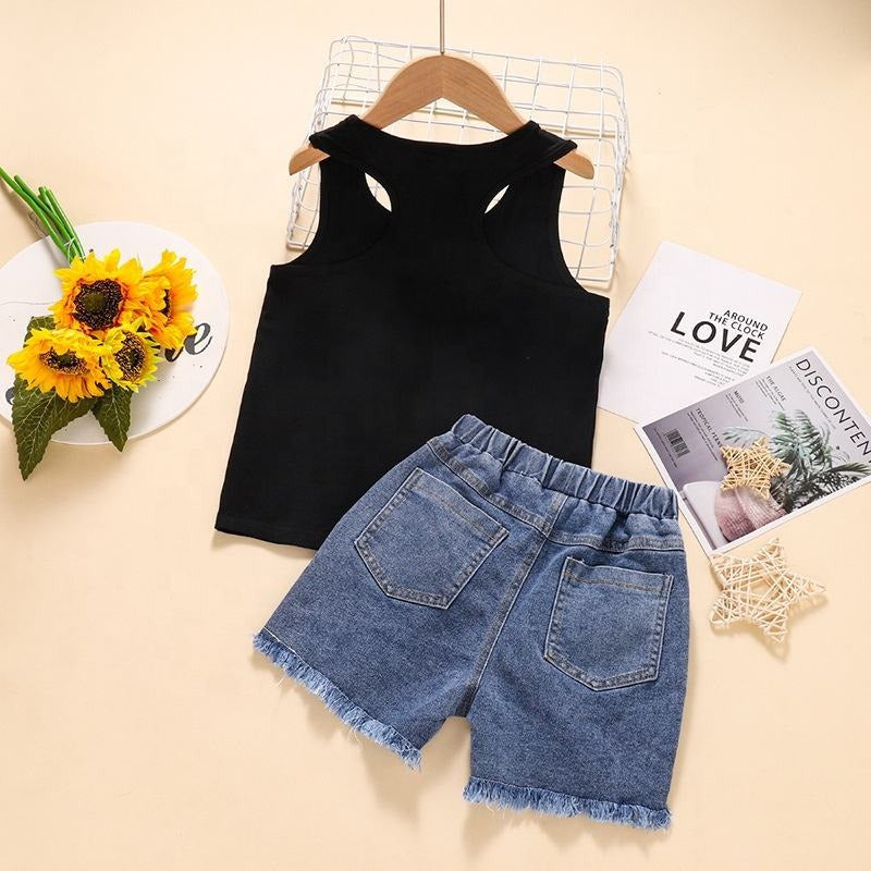 Sunflower Print Camisole + Denim Shorts: Girl's Summer Set PAT PAT