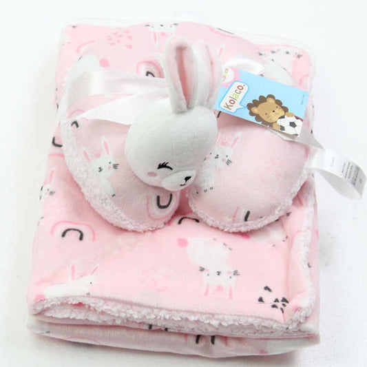 Cozy Polyester Fleece Neck Pillow and Plush Velvet Baby Blanket (Rabbit  Design)