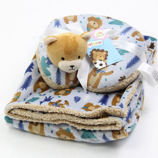 Cozy Polyester Fleece Neck Pillow and Plush Velvet Baby Blanket (Bear Design)