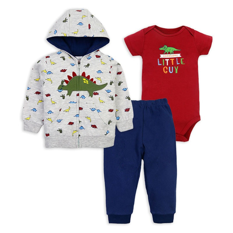 Baby-Boys Cotton 3-Piece Set - Long Sleeve Dinosaur Printed Jacket, Bodysuit, and Pants (Pack of 3)