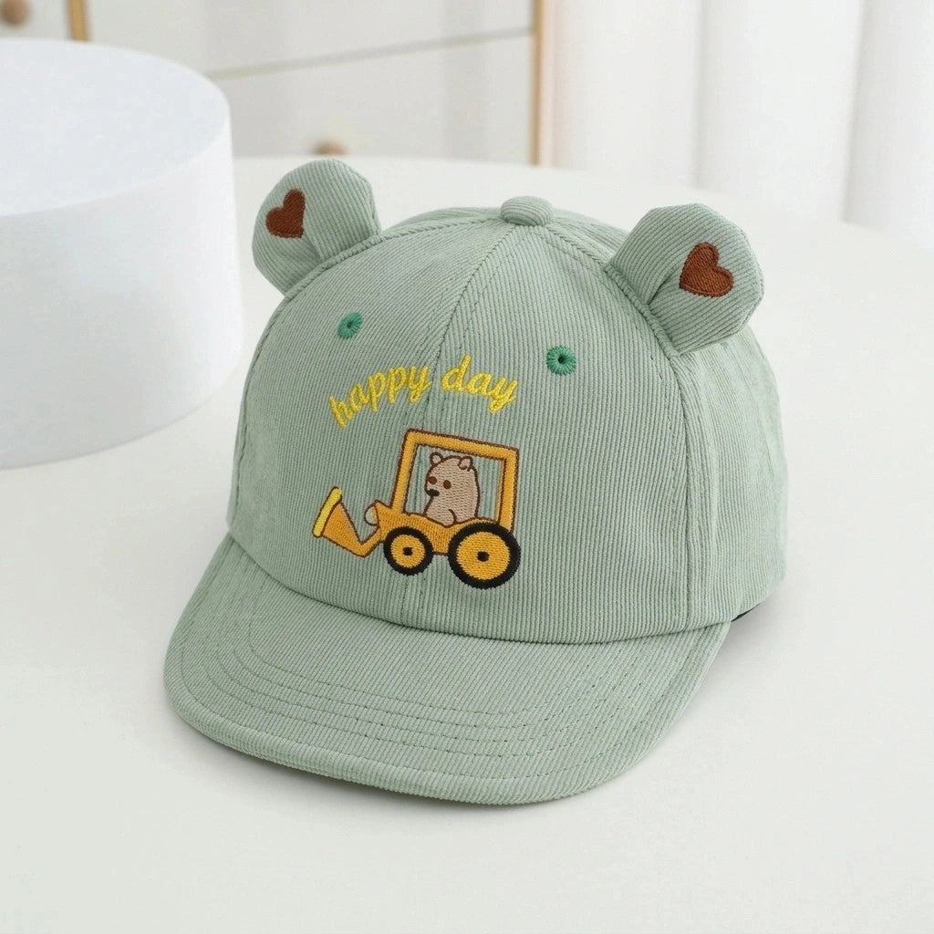 Green cap with bear ears and 'happy day' text on a white background