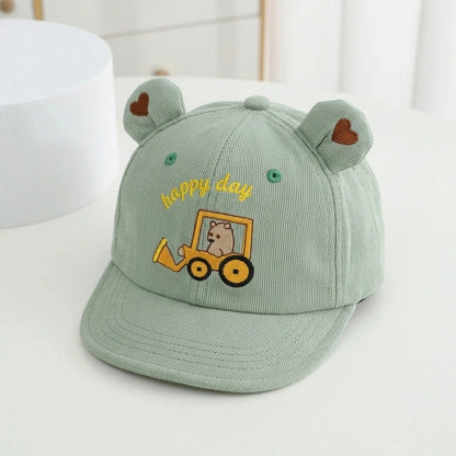 Green cap with bear ears and 'happy day' text on a white background
