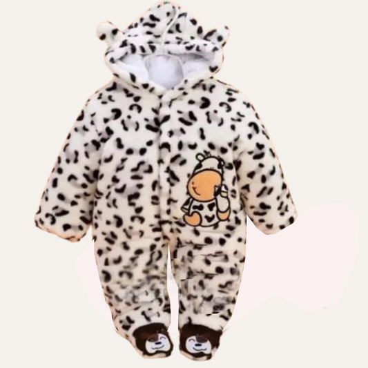Happy Moo Winter Romper: Cheetah Print Elegance for Babies