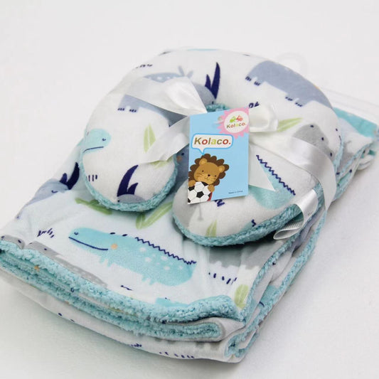 Cozy Polyester Fleece Neck Pillow and Plush Velvet Baby Blanket (Dinosaur Design)
