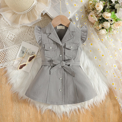 Baby/Toddler Girl Cotton Safari Dress | Ruffle Sleeves & Belted Design