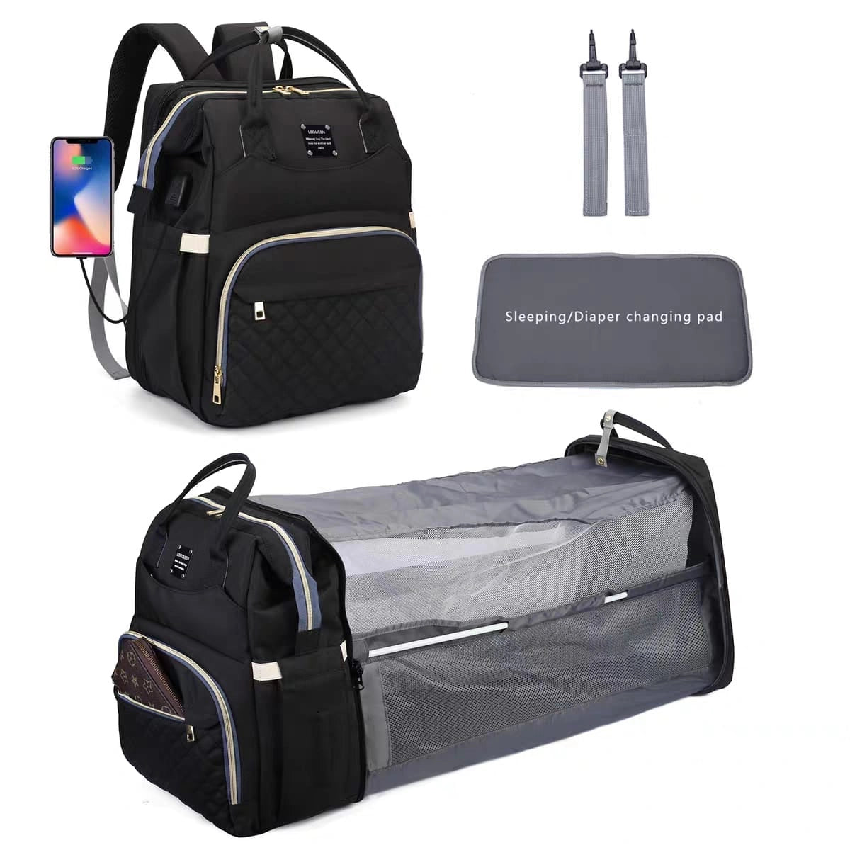 LEQUEEN 3-in-1 Multifunctional Diaper Bag Backpack with Foldable Baby Bed