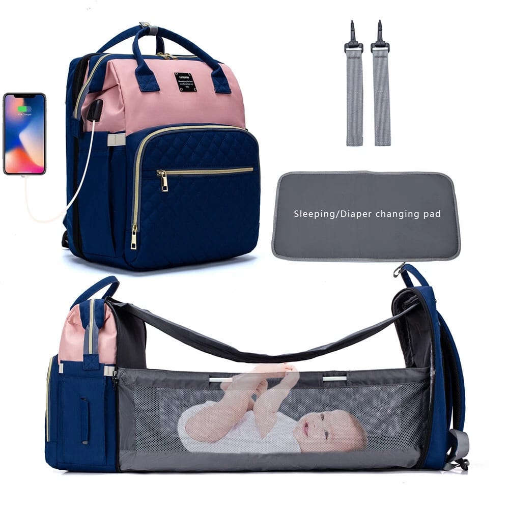 LEQUEEN 3-in-1 Multifunctional Diaper Bag Backpack with Foldable Baby Bed