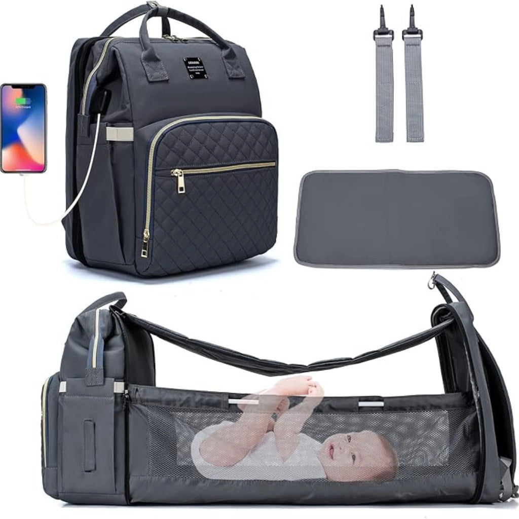LEQUEEN 3-in-1 Multifunctional Diaper Bag Backpack with Foldable Baby Bed