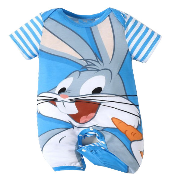 The Alaya Junior Disney Themed Romper for Summer is a blue romper with a cartoon rabbit print of a smiling bunny holding an orange carrot. Made from 100% cotton, it features short sleeves with blue and white stripes, providing a soft touch and adorable style for your little one.