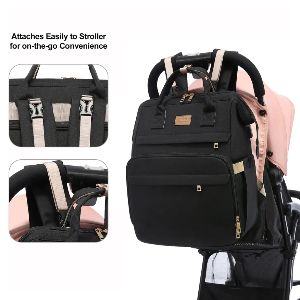 Black backpack attached to a stroller with text indicating ease of attachment.