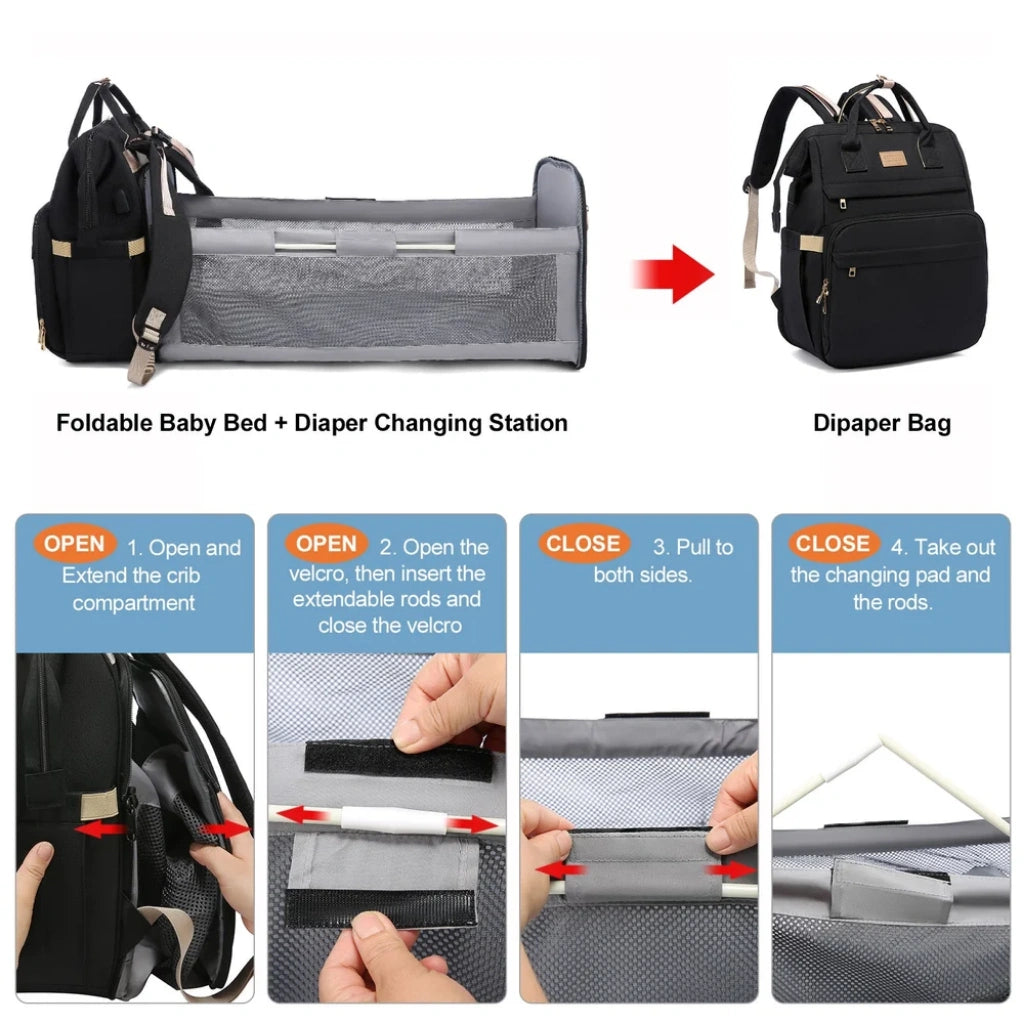 Instructions for converting a diaper bag into a foldable baby bed and changing station.