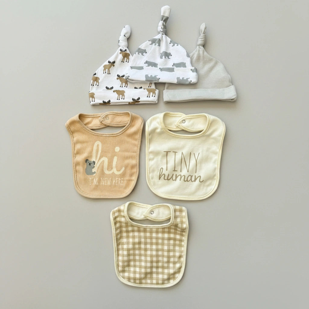 Newborn Cap & Bib Gift Set — 3 Caps + 3 Bibs | Alaya Junior