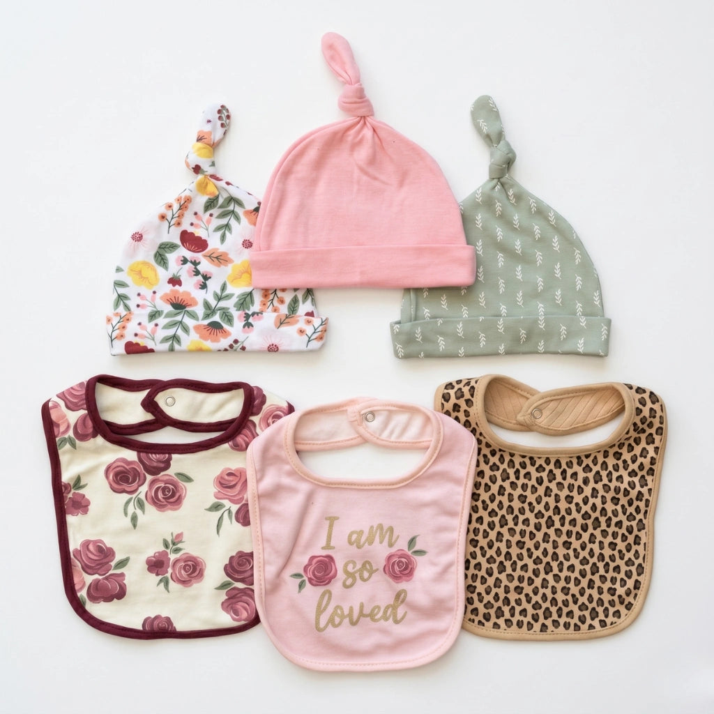Collection of baby hats and bibs on a white background