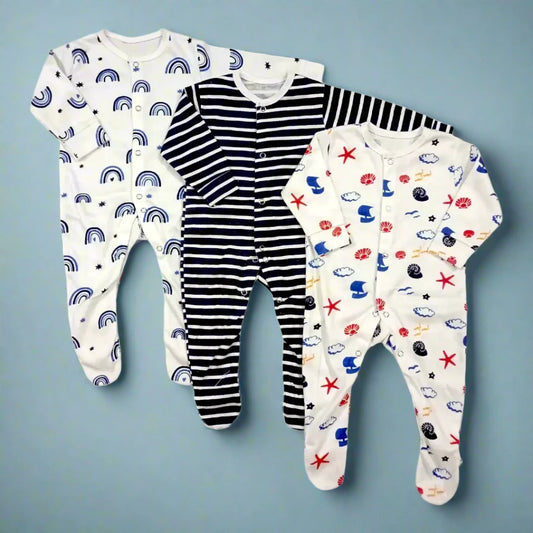 Pack Of 3 Winter Baby Rompers – Blue Lining