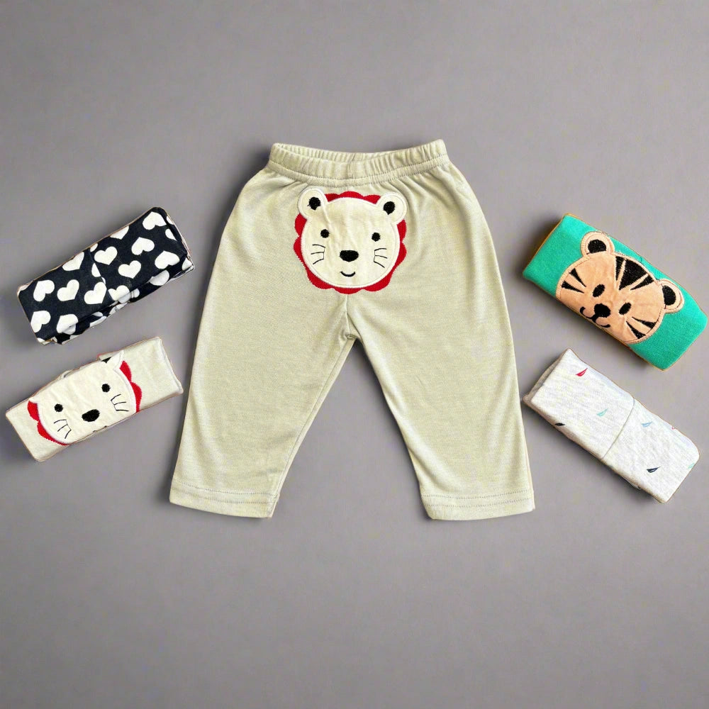 Pack of 5 Unisex Baby Trousers with Colorful Animal Embroidery