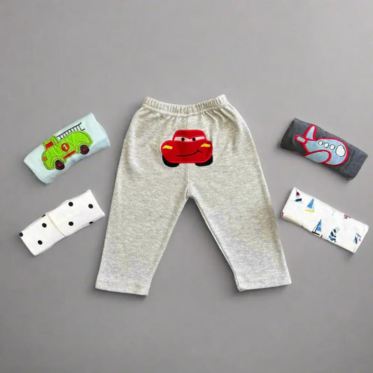 Pack of 5 Unisex Baby Trousers with Colorful Vehicle Embroidery