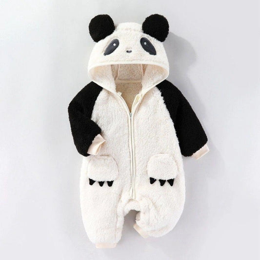 A baby panda plush one-piece jumpsuit with a hood, featuring black ears, black eye patches, black sleeves, and black paw prints on the feet, set against a plain light gray background.