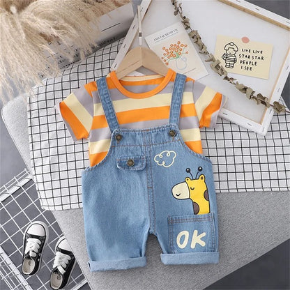 PatPat Baby Boy Girl Short Sleeve Striped T-Shirt, Cartoon Giraffe Print Denim Dungaree Cotton Shorts, 2 Pieces