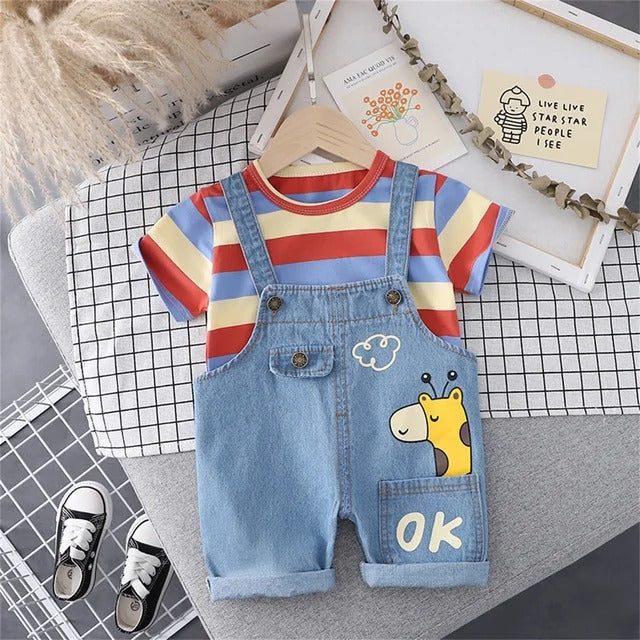 PatPat Baby Boy Girl Short Sleeve Striped T-Shirt, Cartoon Giraffe Print Denim Dungaree Cotton Shorts, 2 Pieces