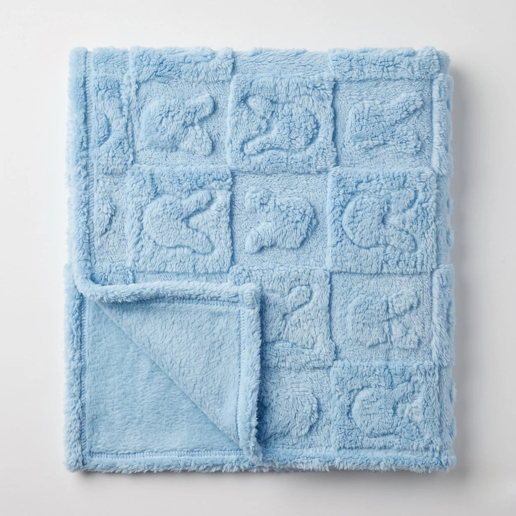 A light blue plush blanket with a grid pattern of raised square panels, each featuring a different animal motif, shown on a clean white background with one corner folded over.