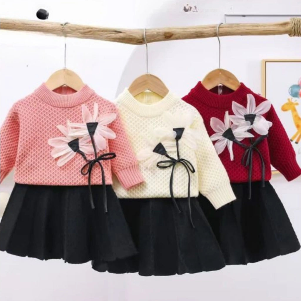 Baby Girls Winter Knitted Frock Set - 3D Flower Warm Dress