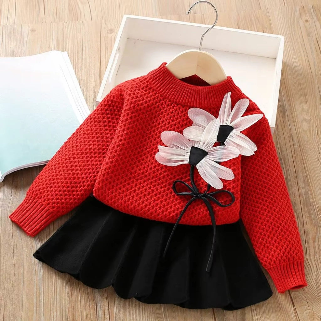 Baby Girls Winter Knitted Frock Set - 3D Flower Warm Dress