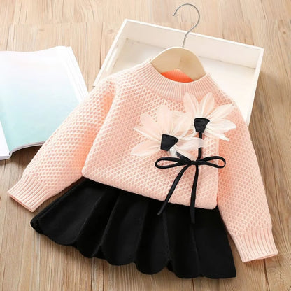 Baby Girls Winter Knitted Frock Set - 3D Flower Warm Dress