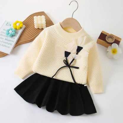 Baby Girls Winter Knitted Frock Set - 3D Flower Warm Dress