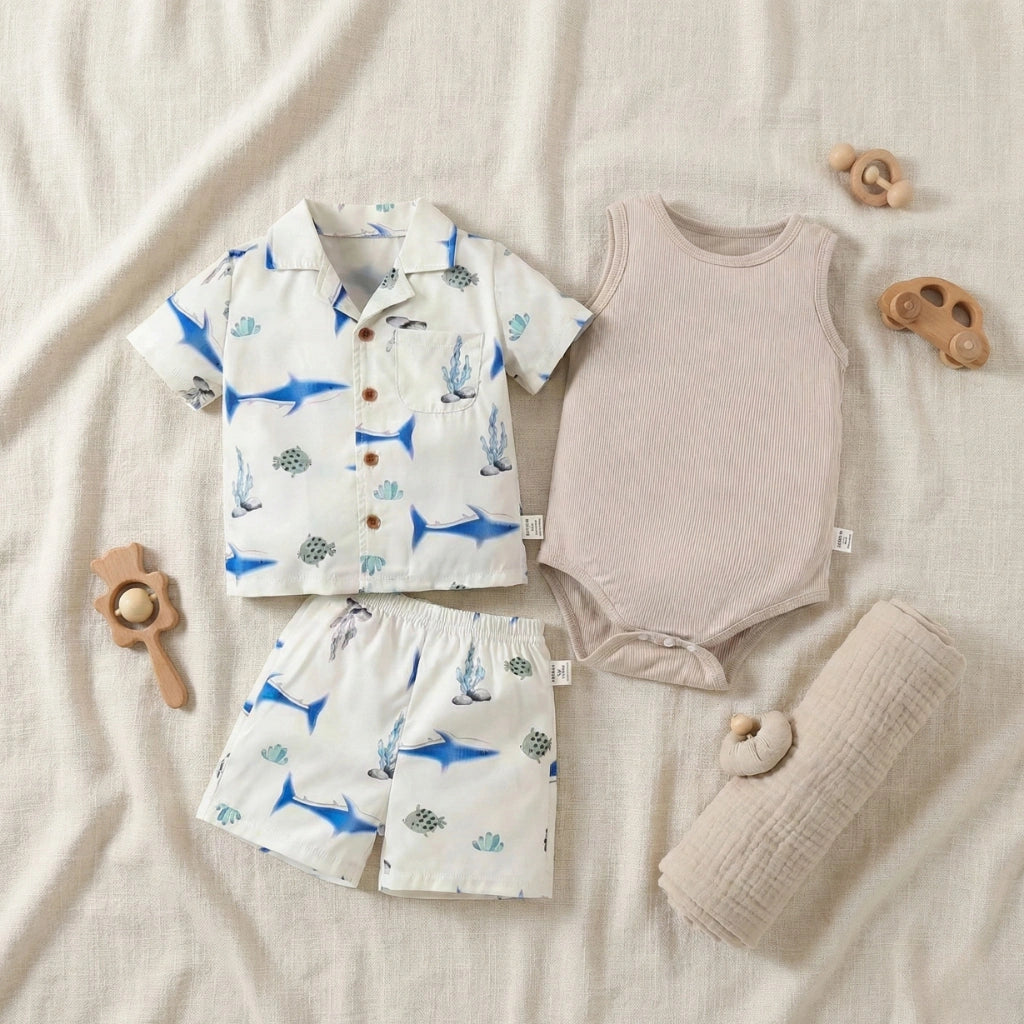 Children's clothing set with shirt, shorts, and romper on a soft surface with toys.