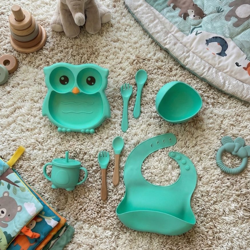 Silicone Baby Feeding Set – 7-Piece Owl  Design Tableware with Suction Plate, Sippy Cup & Utensils