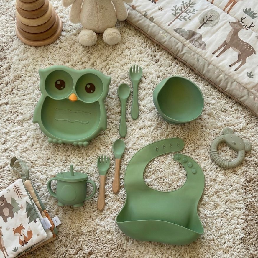 Silicone Baby Feeding Set – 7-Piece Owl  Design Tableware with Suction Plate, Sippy Cup & Utensils