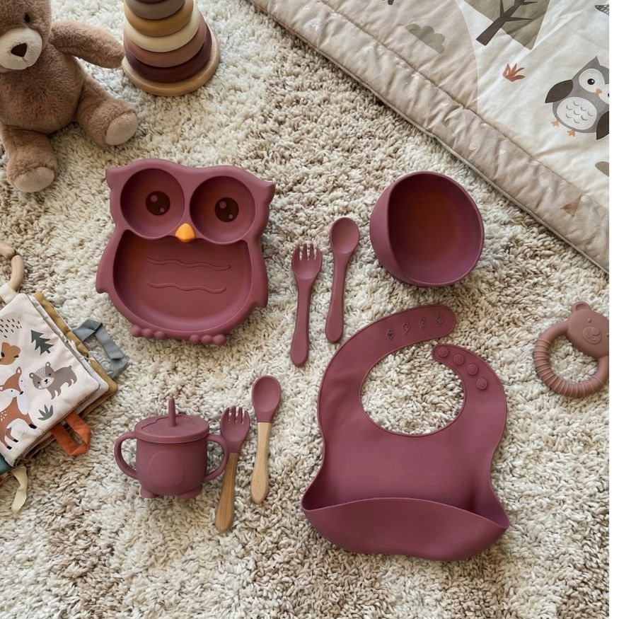 Silicone Baby Feeding Set – 7-Piece Owl  Design Tableware with Suction Plate, Sippy Cup & Utensils