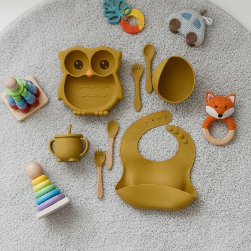 Silicone Baby Feeding Set – 7-Piece Owl  Design Tableware with Suction Plate, Sippy Cup & Utensils