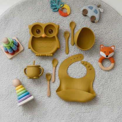 Silicone Baby Feeding Set – 7-Piece Owl  Design Tableware with Suction Plate, Sippy Cup & Utensils