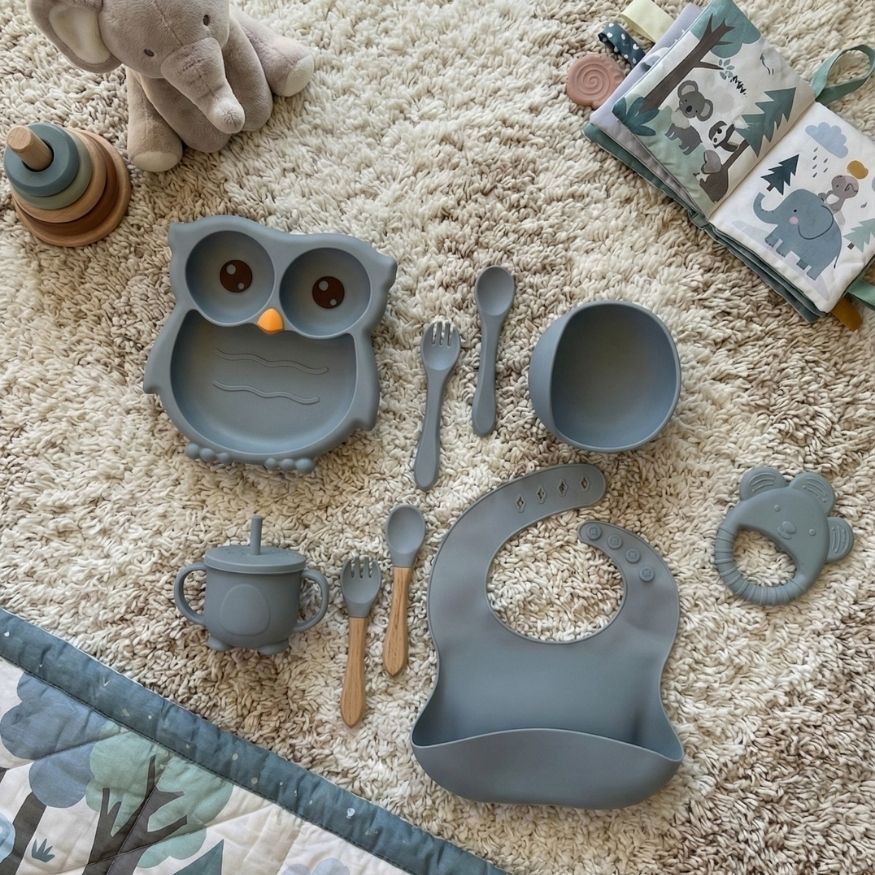 Silicone Baby Feeding Set – 7-Piece Owl  Design Tableware with Suction Plate, Sippy Cup & Utensils