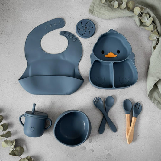 Silicone Baby Feeding Set – 7-Piece Duck Design Tableware with Suction Plate, Sippy Cup & Utensils