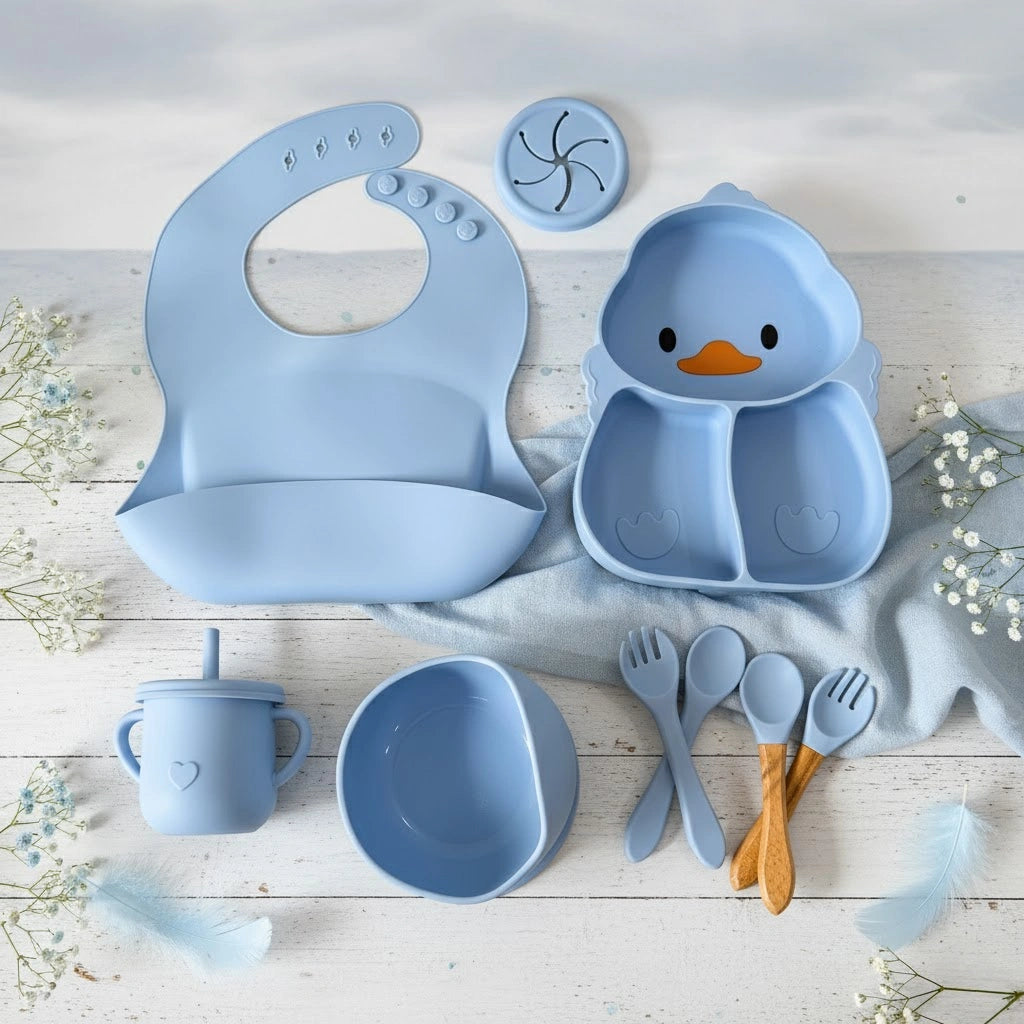 Silicone Baby Feeding Set – 7-Piece Duck Design Tableware with Suction Plate, Sippy Cup & Utensils