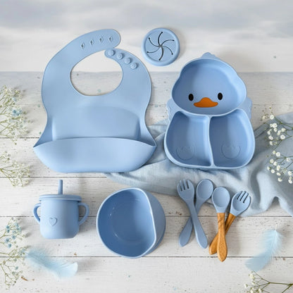 Silicone Baby Feeding Set – 7-Piece Duck Design Tableware with Suction Plate, Sippy Cup & Utensils