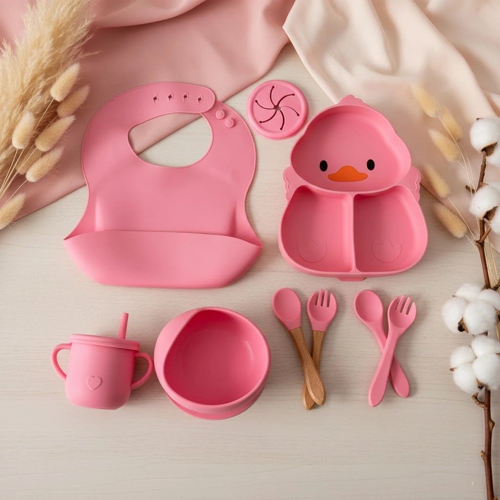 Silicone Baby Feeding Set – 7-Piece Duck Design Tableware with Suction Plate, Sippy Cup & Utensils