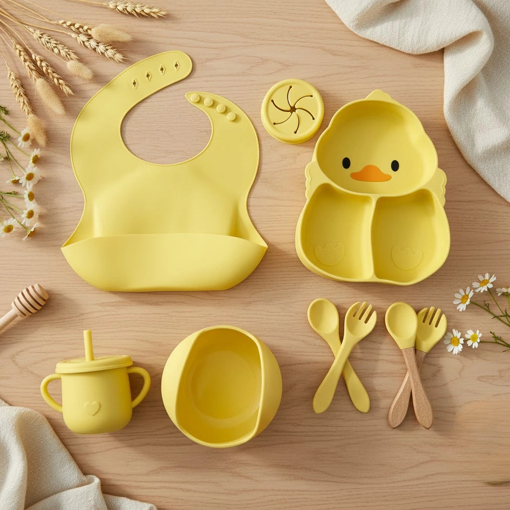 Silicone Baby Feeding Set – 7-Piece Duck Design Tableware with Suction Plate, Sippy Cup & Utensils