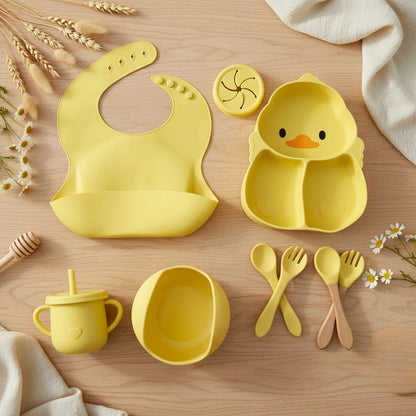 Silicone Baby Feeding Set – 7-Piece Duck Design Tableware with Suction Plate, Sippy Cup & Utensils