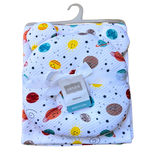 Premium Baby Summer Blanket & Head-Shaping Pillow Set -- Planets